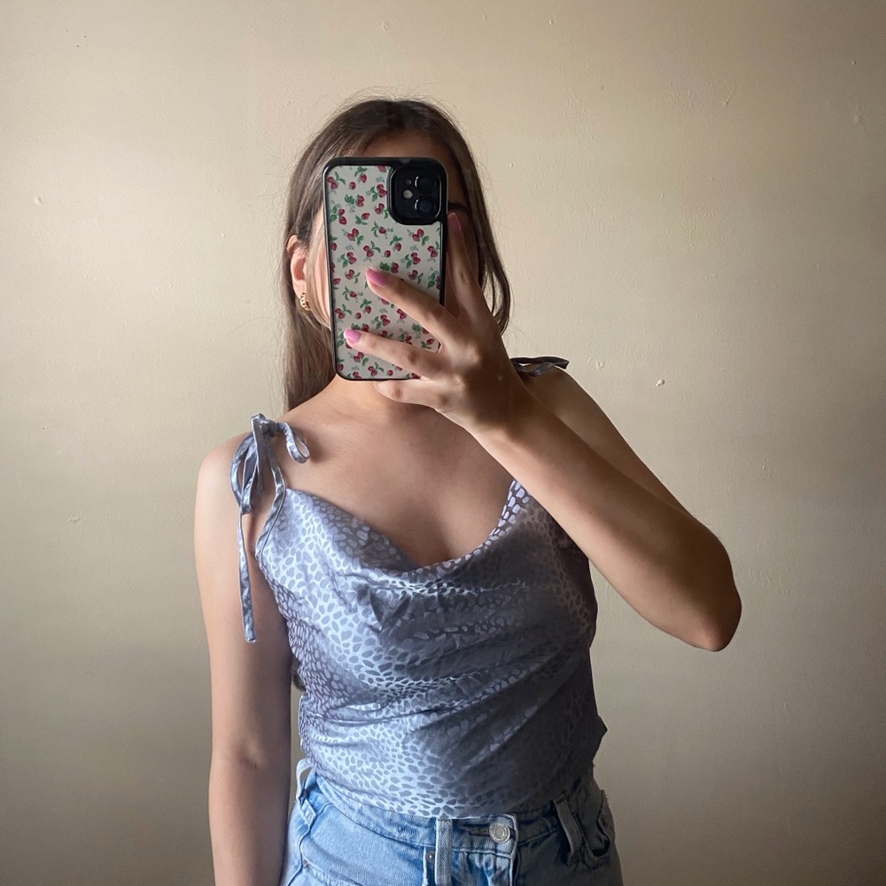 Blue Satin Tie Shoulder Top